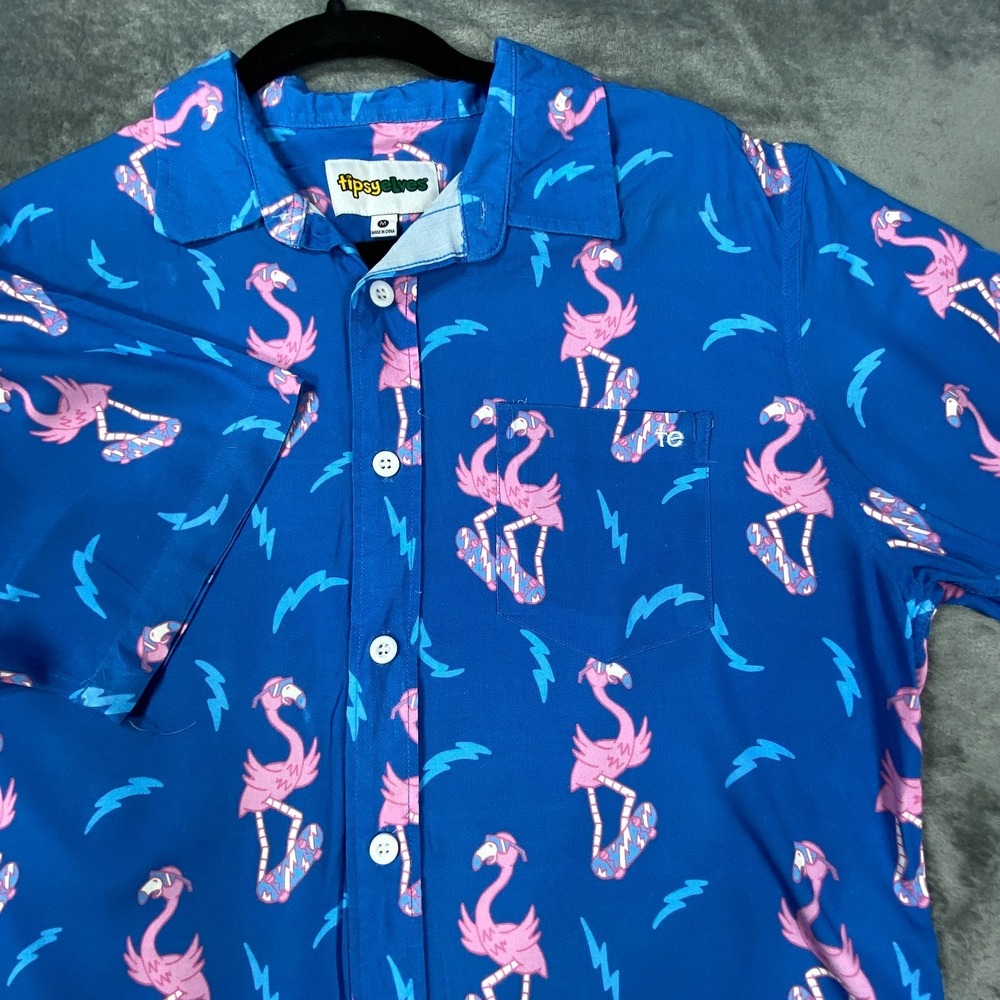 Tipsy Elves Shirt Medium Mens Blue Flamingo Lightning Bolts All Over Print Wick